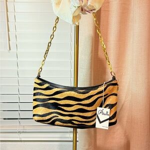 Black and Tan Animal Print Shoulder Bag with Gold Hardware